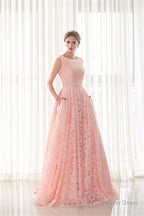 Draped Lace O Neck Train Prom Dresses