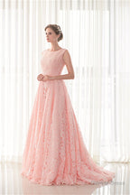 Draped Lace O Neck Train Prom Dresses