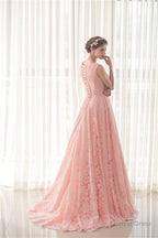 Draped Lace O Neck Train Prom Dresses
