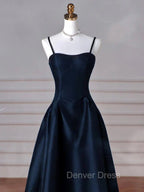 Dreamy Dark Blue Spaghetti Straps Satin Prom Dresses