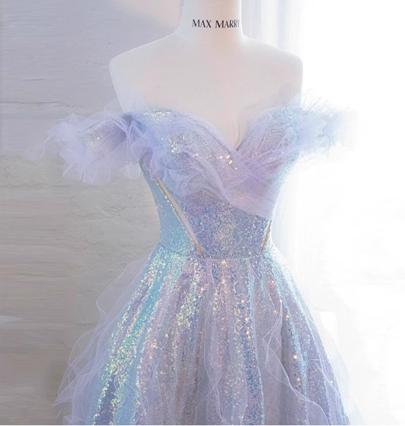 Dreamy Gradient Light Purple A-Line Off-The-Shoulder Iridescent Sequined Tulle Long Prom Dresses Evening Dresses Secondary image