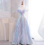 Dreamy Gradient Light Purple A-Line Off-The-Shoulder Iridescent Sequined Tulle Long Prom Dresses Evening Dresses
