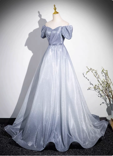 Dreamy Gradient Silver-Gray Puff Sleeve Glitter Satin Long Prom Dresses Evening Dresses