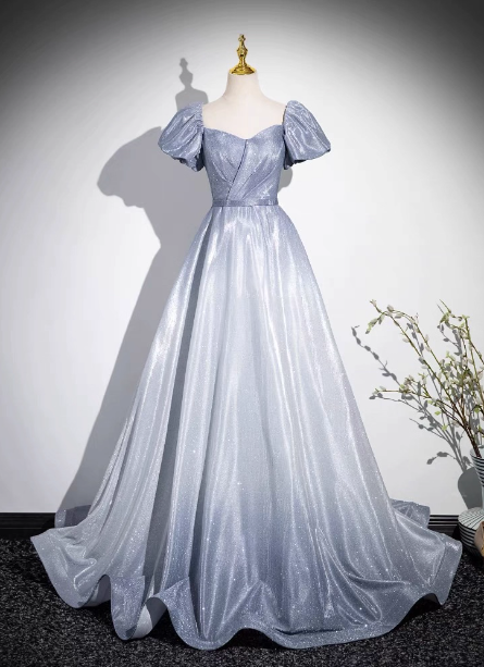 Dreamy Gradient Silver-Gray Puff Sleeve Glitter Satin Long Prom Dresses Evening Dresses