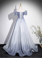 Dreamy Gradient Silver-Gray Puff Sleeve Glitter Satin Long Prom Dresses Evening Dresses