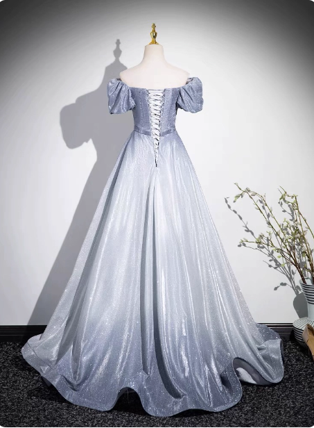 Dreamy Gradient Silver-Gray Puff Sleeve Glitter Satin Long Prom Dresses Evening Dresses