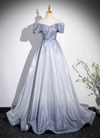 Dreamy Gradient Silver-Gray Puff Sleeve Glitter Satin Long Prom Dresses Evening Dresses