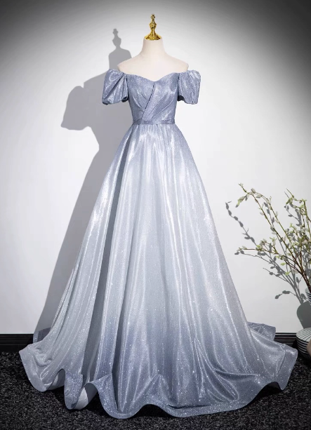 Dreamy Gradient Silver-Gray Puff Sleeve Glitter Satin Long Prom Dresses Evening Dresses