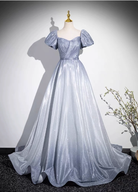 Dreamy Gradient Silver-Gray Puff Sleeve Glitter Satin Long Prom Dresses Evening Dresses Main image