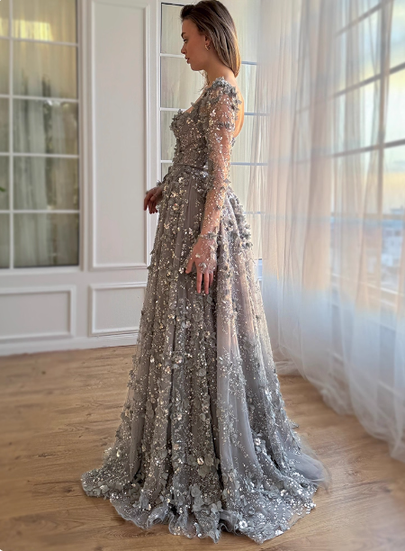 Dreamy Grey A-Line Square Neck Long Sleeve 3D Floral Sequin Tulle Long Prom Dresses Evening Dresses