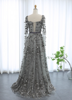 Dreamy Grey A-Line Square Neck Long Sleeve 3D Floral Sequin Tulle Long Prom Dresses Evening Dresses