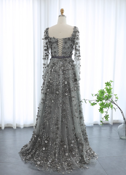 Dreamy Grey A-Line Square Neck Long Sleeve 3D Floral Sequin Tulle Long Prom Dresses Evening Dresses