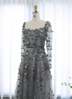 Dreamy Grey A-Line Square Neck Long Sleeve 3D Floral Sequin Tulle Long Prom Dresses Evening Dresses