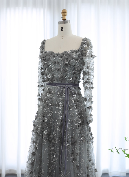 Dreamy Grey A-Line Square Neck Long Sleeve 3D Floral Sequin Tulle Long Prom Dresses Evening Dresses