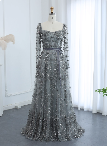 Dreamy Grey A-Line Square Neck Long Sleeve 3D Floral Sequin Tulle Long Prom Dresses Evening Dresses Main image