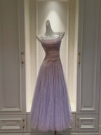 Dreamy Lavender A-Line Suspender Strap Pleated Tulle Long Prom Dresses Evening Dresses