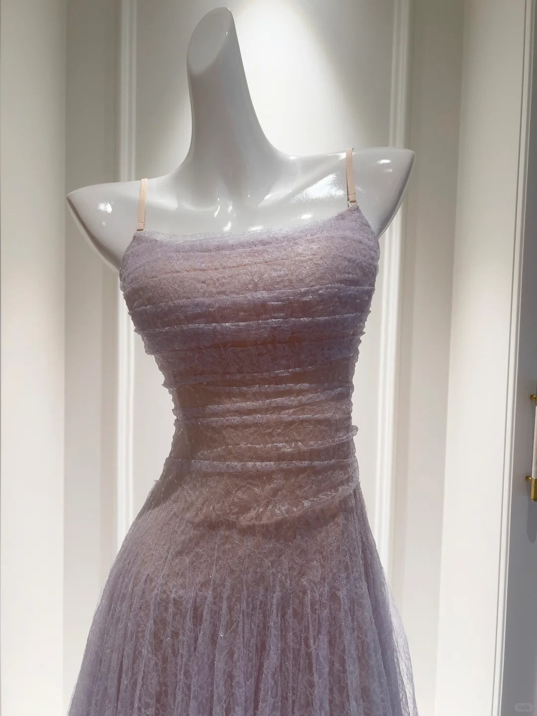 Dreamy Lavender A-Line Suspender Strap Pleated Tulle Long Prom Dresses Evening Dresses