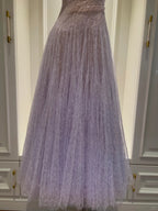 Dreamy Lavender A-Line Suspender Strap Pleated Tulle Long Prom Dresses Evening Dresses