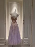 Dreamy Lavender A-Line Suspender Strap Pleated Tulle Long Prom Dresses Evening Dresses