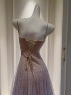Dreamy Lavender A-Line Suspender Strap Pleated Tulle Long Prom Dresses Evening Dresses