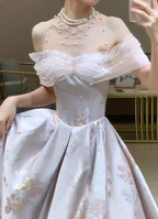 Dreamy Lavender Gray Pink A-Line Off-The-Shoulder Printed Satin Long Prom Dresses Evening Dresses