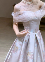 Dreamy Lavender Gray Pink A-Line Off-The-Shoulder Printed Satin Long Prom Dresses Evening Dresses