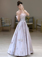 Dreamy Lavender Gray Pink A-Line Off-The-Shoulder Printed Satin Long Prom Dresses Evening Dresses