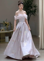Dreamy Lavender Gray Pink A-Line Off-The-Shoulder Printed Satin Long Prom Dresses Evening Dresses