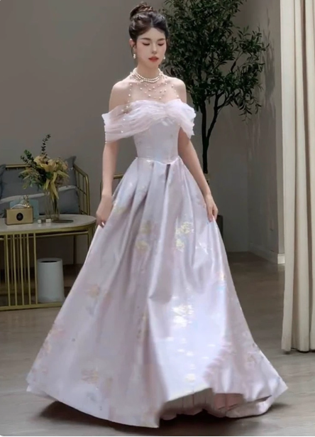 Dreamy Lavender Gray Pink A-Line Off-The-Shoulder Printed Satin Long Prom Dresses Evening Dresses