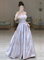 Dreamy Lavender Gray Pink A-Line Off-The-Shoulder Printed Satin Long Prom Dresses Evening Dresses