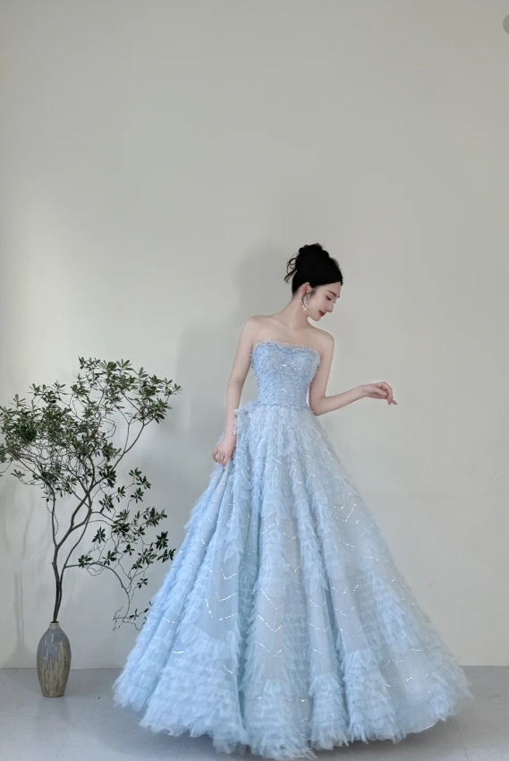 Dreamy Light Blue A-Line Strapless Tulle Floor-Length Prom Dresses Evening Dresses