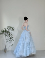 Dreamy Light Blue A-Line Strapless Tulle Floor-Length Prom Dresses Evening Dresses