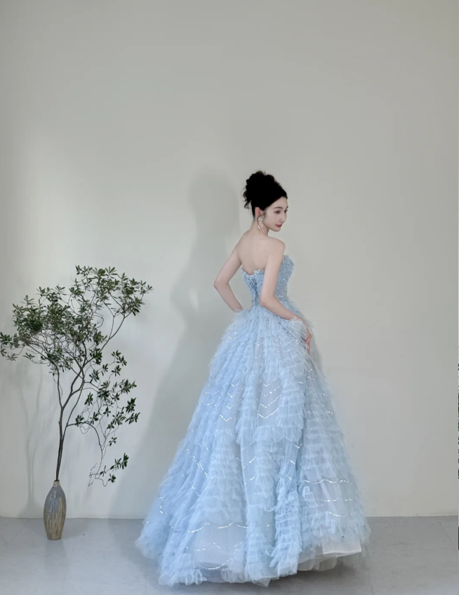 Dreamy Light Blue A-Line Strapless Tulle Floor-Length Prom Dresses Evening Dresses