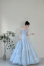 Dreamy Light Blue A-Line Strapless Tulle Floor-Length Prom Dresses Evening Dresses