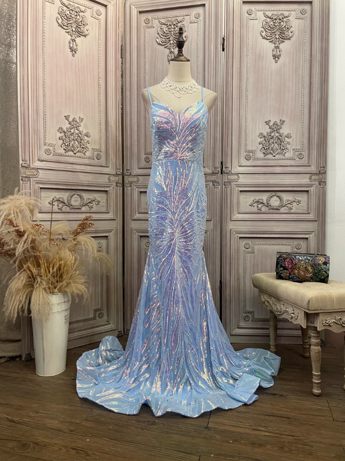 Dreamy Light Blue Ombre Mermaid Spaghetti Strap Iridescent Sequin Train Prom Dresses Evening Dresses Secondary image