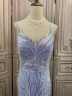 Dreamy Light Blue Ombre Mermaid Spaghetti Strap Iridescent Sequin Train Prom Dresses Evening Dresses