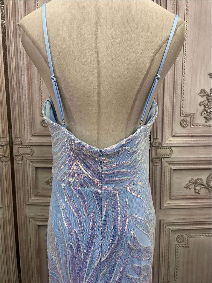 Dreamy Light Blue Ombre Mermaid Spaghetti Strap Iridescent Sequin Train Prom Dresses Evening Dresses