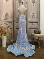 Dreamy Light Blue Ombre Mermaid Spaghetti Strap Iridescent Sequin Train Prom Dresses Evening Dresses