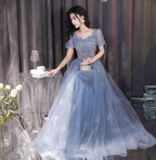 Dreamy Light Blue Square Neck Puff Sleeve A-Line Embroidered Sequined Tulle Long Prom Dresses Evening Dresses