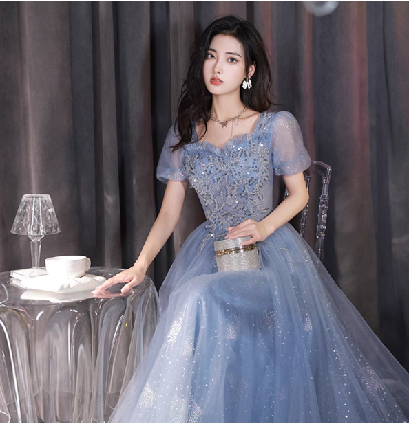 Dreamy Light Blue Square Neck Puff Sleeve A-Line Embroidered Sequined Tulle Long Prom Dresses Evening Dresses