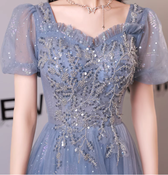 Dreamy Light Blue Square Neck Puff Sleeve A-Line Embroidered Sequined Tulle Long Prom Dresses Evening Dresses