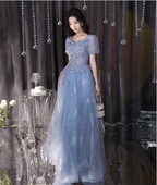 Dreamy Light Blue Square Neck Puff Sleeve A-Line Embroidered Sequined Tulle Long Prom Dresses Evening Dresses