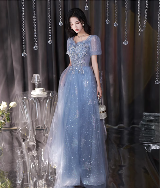 Dreamy Light Blue Square Neck Puff Sleeve A-Line Embroidered Sequined Tulle Long Prom Dresses Evening Dresses