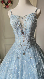 Dreamy Light Blue V-Neck Rhinestone Tulle Long Prom Dresses Evening Dresses