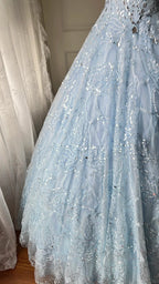 Dreamy Light Blue V-Neck Rhinestone Tulle Long Prom Dresses Evening Dresses