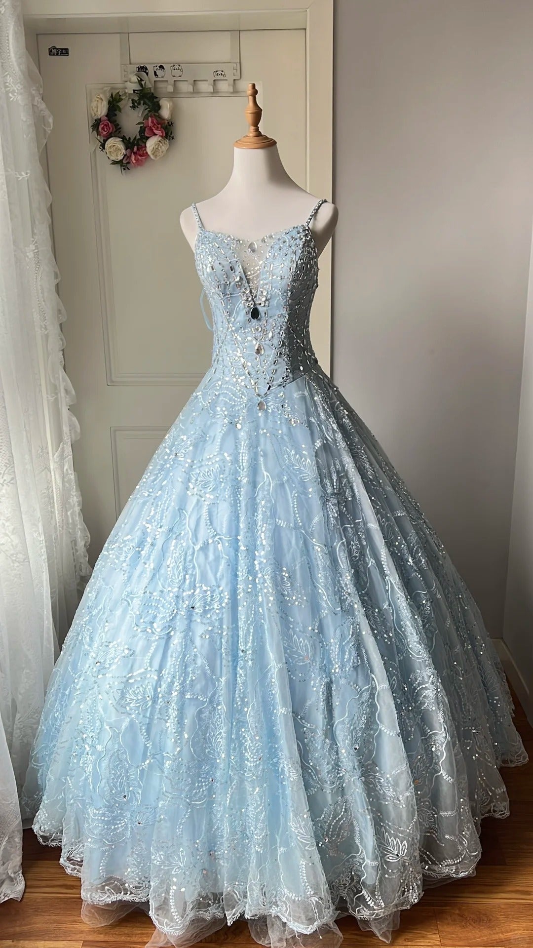 Dreamy Light Blue V-Neck Rhinestone Tulle Long Prom Dresses Evening Dresses