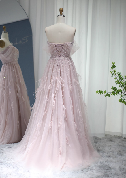 Dreamy Light Pink A-Line Sweetheart Neck Feather Beaded Tulle Long Prom Dresses Evening Dresses Secondary image