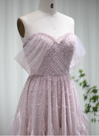 Dreamy Light Pink A-Line Sweetheart Neck Feather Beaded Tulle Long Prom Dresses Evening Dresses
