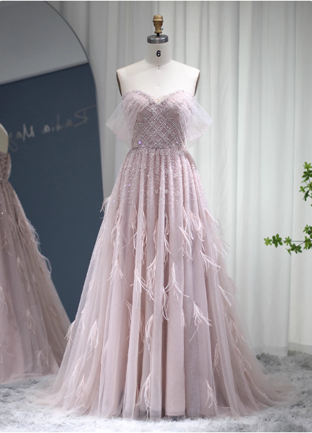 Dreamy Light Pink A-Line Sweetheart Neck Feather Beaded Tulle Long Prom Dresses Evening Dresses Main image
