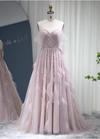Dreamy Light Pink A-Line Sweetheart Neck Feather Beaded Tulle Long Prom Dresses Evening Dresses